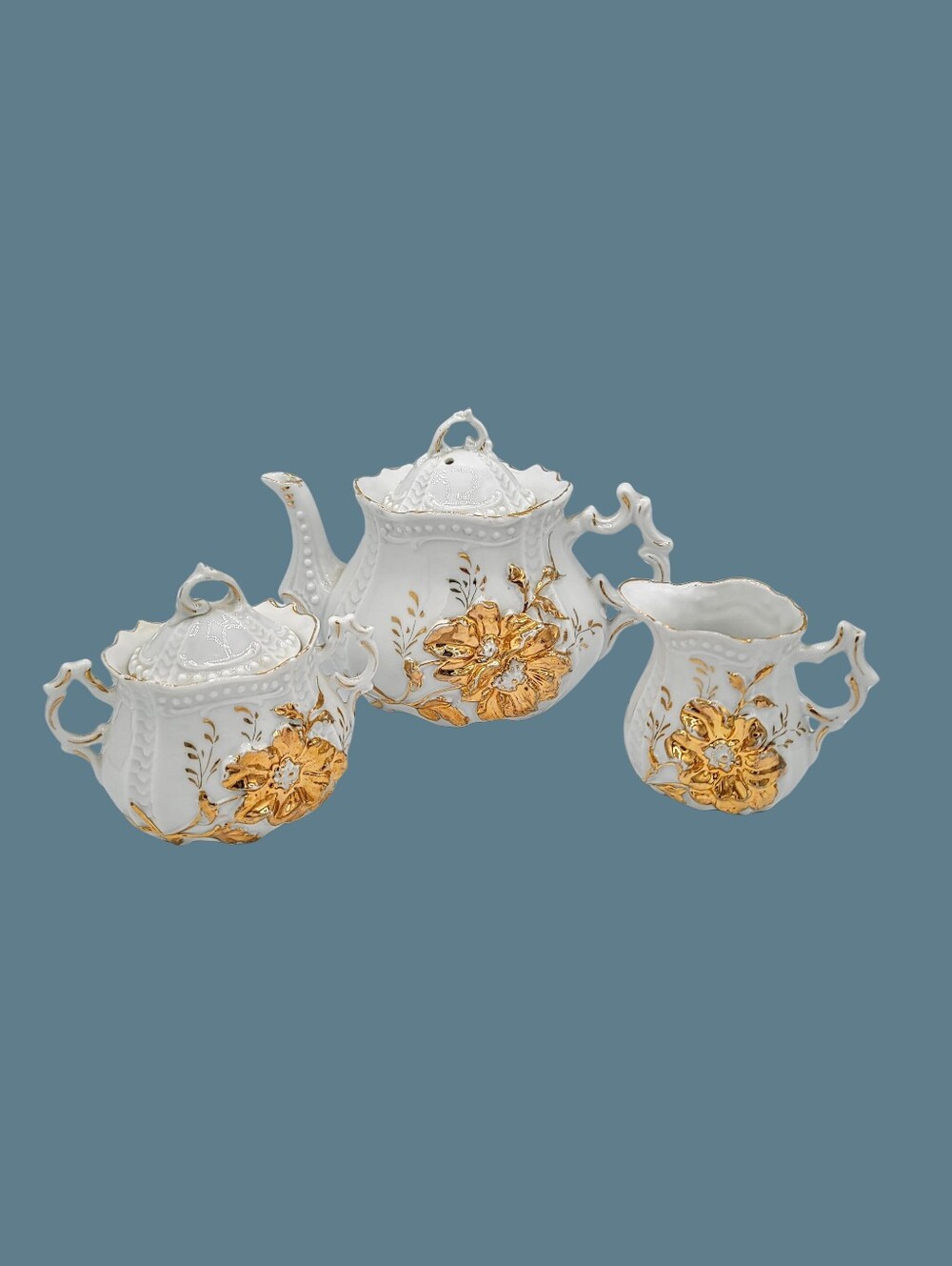 Vintage Japanese Porcelain Tea Set White Gold Relief Floral Teapot Sugar Creamer